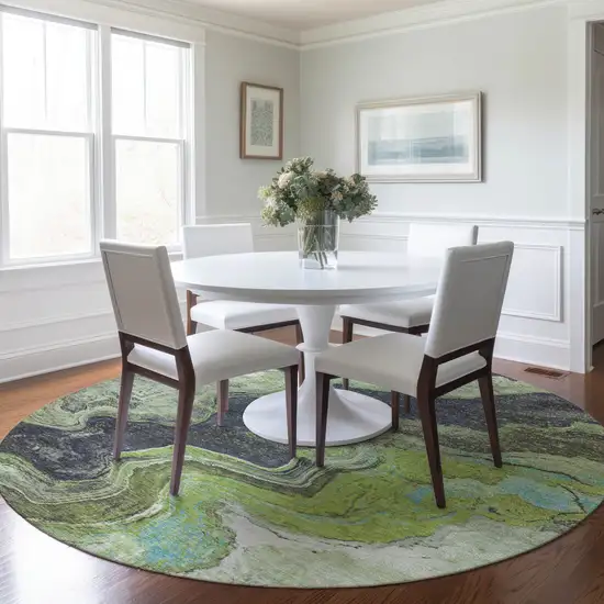 8' Artichoke Green And Charcoal Round Abstract Washable Indoor Outdoor Area Rug Photo 6
