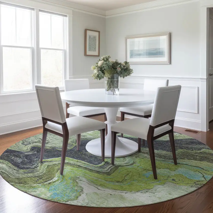 8' Artichoke Green And Charcoal Round Abstract Washable Indoor Outdoor Area Rug Photo 6