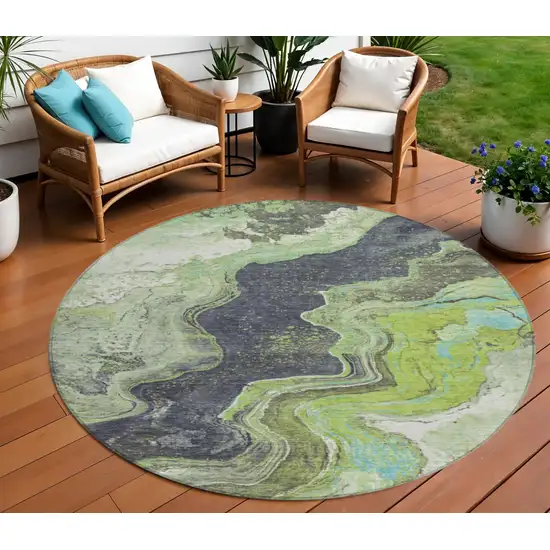 8' Artichoke Green And Charcoal Round Abstract Washable Indoor Outdoor Area Rug Photo 2