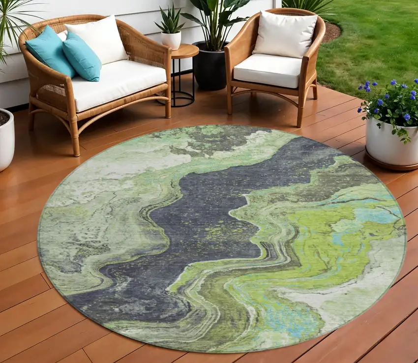 8' Artichoke Green And Charcoal Round Abstract Washable Indoor Outdoor Area Rug Photo 2