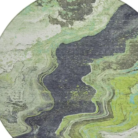 8' Artichoke Green And Charcoal Round Abstract Washable Indoor Outdoor Area Rug Photo 4