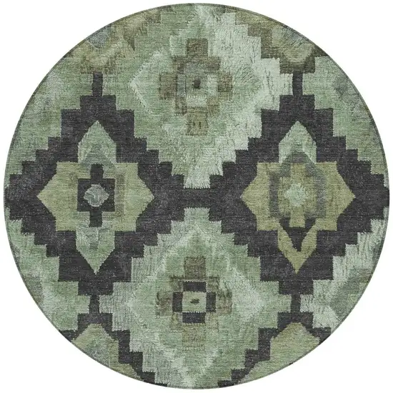 8' Artichoke Green And Charcoal Round Aztec Washable Indoor Outdoor Area Rug Photo 4