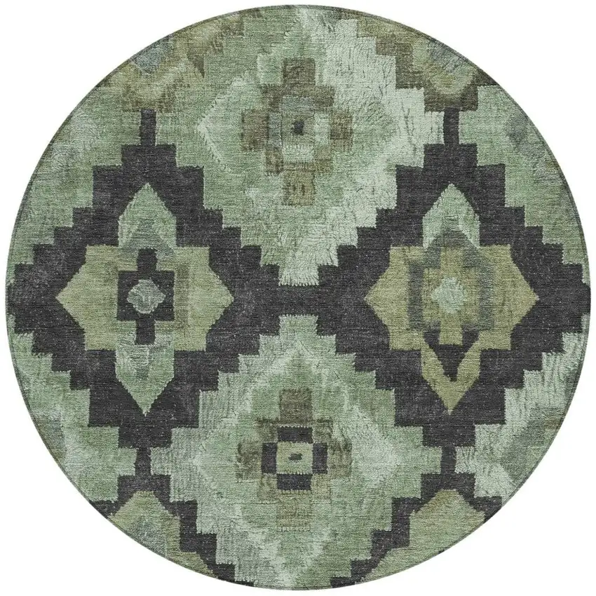 8' Artichoke Green And Charcoal Round Aztec Washable Indoor Outdoor Area Rug Photo 4