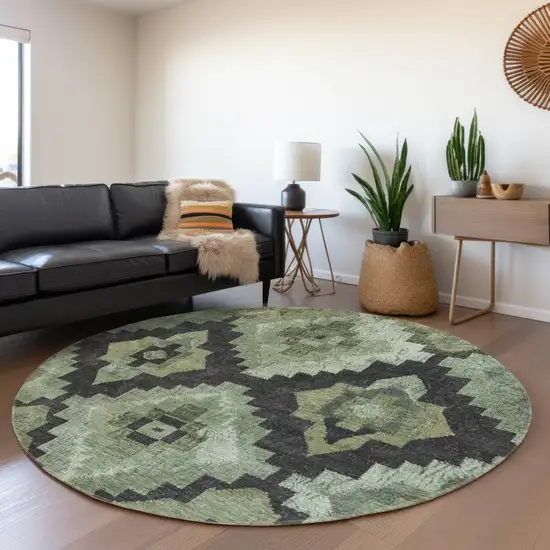 8' Artichoke Green And Charcoal Round Aztec Washable Indoor Outdoor Area Rug Photo 6
