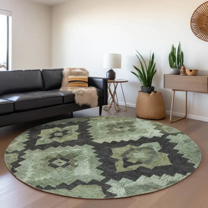 8' Artichoke Green And Charcoal Round Aztec Washable Indoor Outdoor Area Rug Photo 6