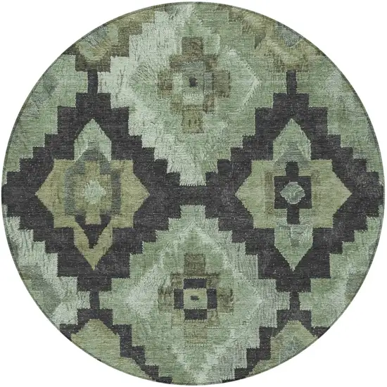 8' Artichoke Green And Charcoal Round Aztec Washable Indoor Outdoor Area Rug Photo 3