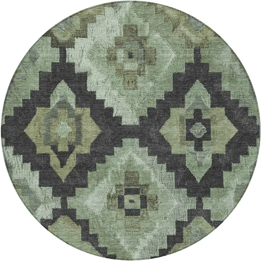 8' Artichoke Green And Charcoal Round Aztec Washable Indoor Outdoor Area Rug Photo 3
