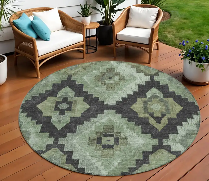 8' Artichoke Green And Charcoal Round Aztec Washable Indoor Outdoor Area Rug Photo 2