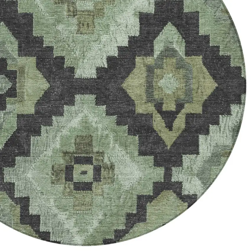 8' Artichoke Green And Charcoal Round Aztec Washable Indoor Outdoor Area Rug Photo 8