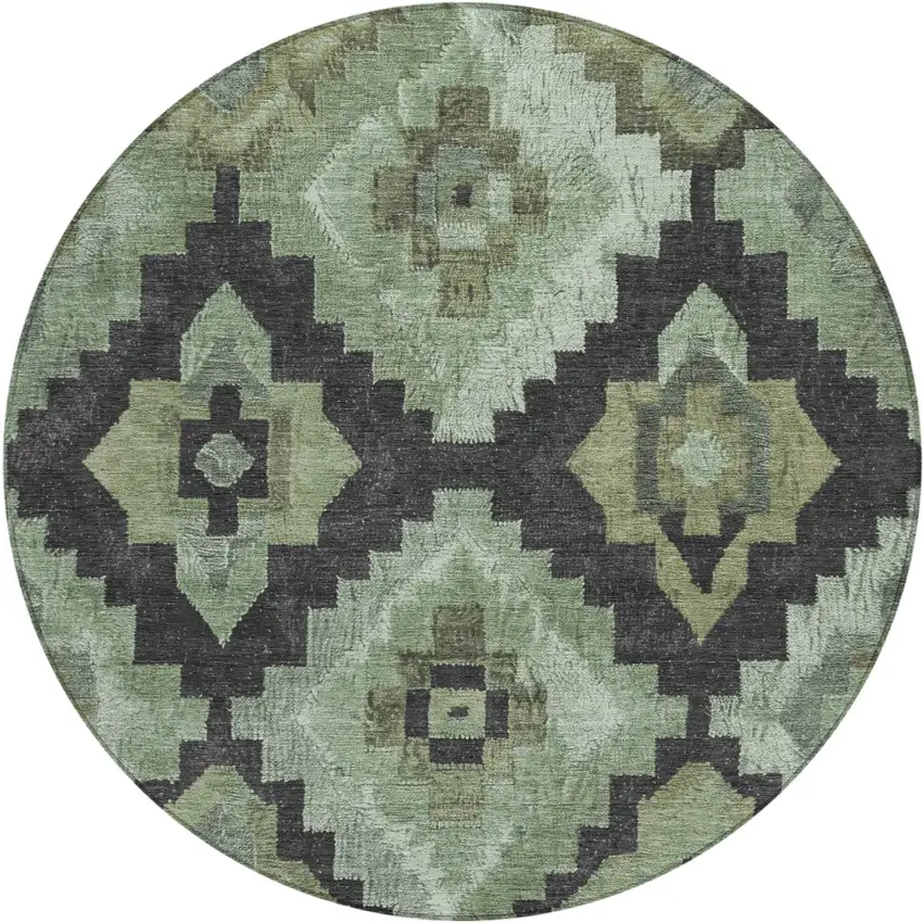 8' Artichoke Green And Charcoal Round Aztec Washable Indoor Outdoor Area Rug Photo 1