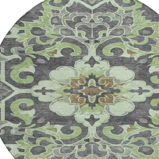 8' Artichoke Green And Charcoal Round Damask Washable Indoor Outdoor Area Rug Photo 8