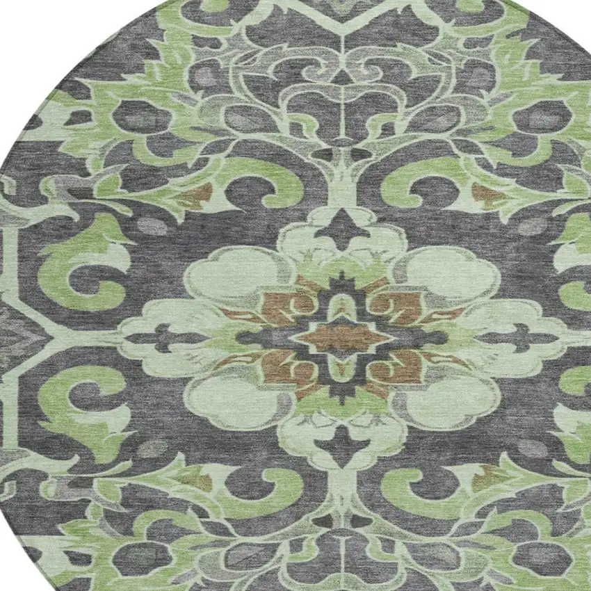 8' Artichoke Green And Charcoal Round Damask Washable Indoor Outdoor Area Rug Photo 8