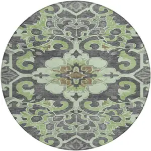 Photo of 8' Artichoke Green And Charcoal Round Damask Washable Indoor Outdoor Area Rug
