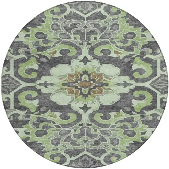 8' Artichoke Green And Charcoal Round Damask Washable Indoor Outdoor Area Rug Photo 1