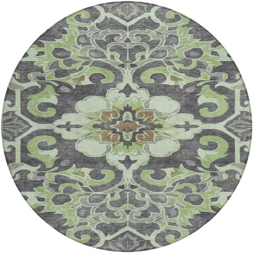 8' Artichoke Green And Charcoal Round Damask Washable Indoor Outdoor Area Rug Photo 1
