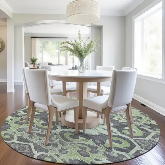 8' Artichoke Green And Charcoal Round Damask Washable Indoor Outdoor Area Rug Photo 6