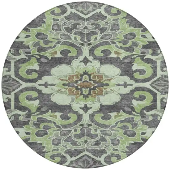 8' Artichoke Green And Charcoal Round Damask Washable Indoor Outdoor Area Rug Photo 3