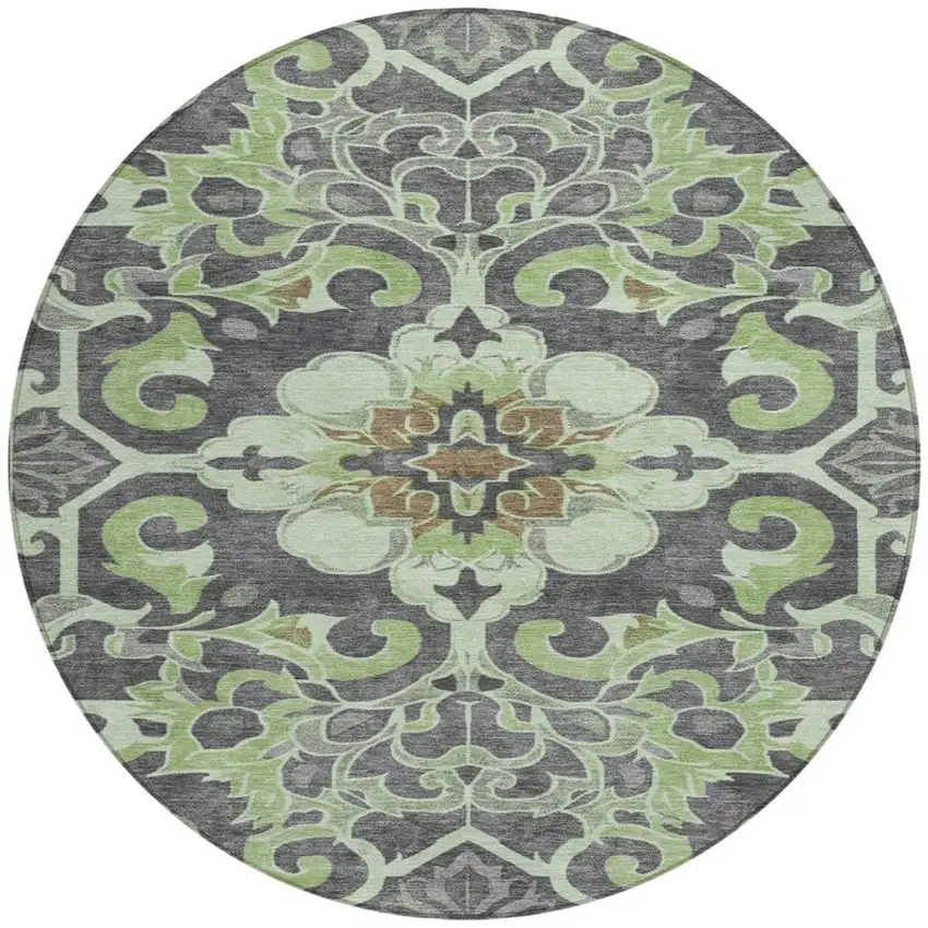 8' Artichoke Green And Charcoal Round Damask Washable Indoor Outdoor Area Rug Photo 3