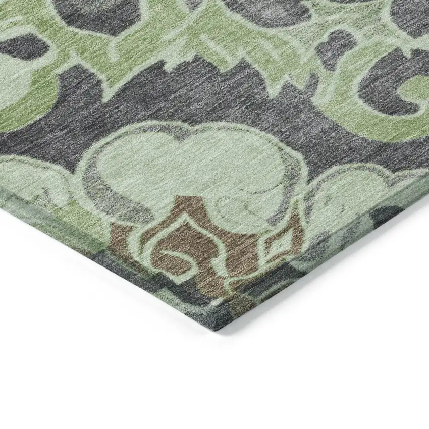 8' Artichoke Green And Charcoal Round Damask Washable Indoor Outdoor Area Rug Photo 7
