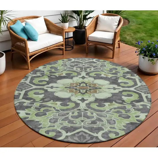 8' Artichoke Green And Charcoal Round Damask Washable Indoor Outdoor Area Rug Photo 2