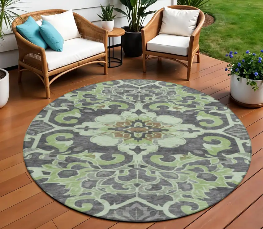 8' Artichoke Green And Charcoal Round Damask Washable Indoor Outdoor Area Rug Photo 2