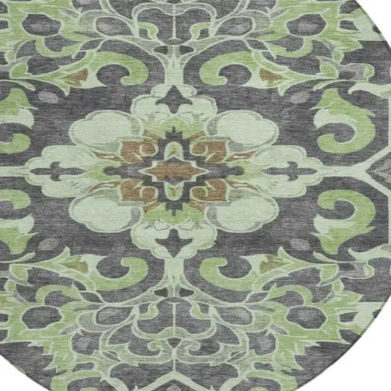 8' Artichoke Green And Charcoal Round Damask Washable Indoor Outdoor Area Rug Photo 4