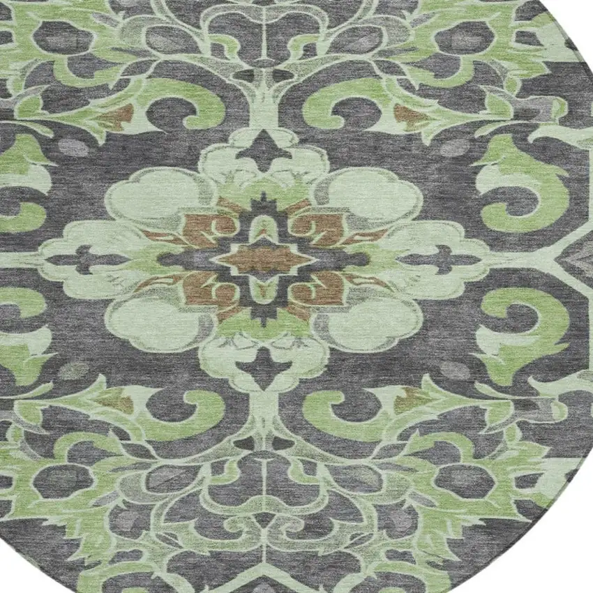 8' Artichoke Green And Charcoal Round Damask Washable Indoor Outdoor Area Rug Photo 4