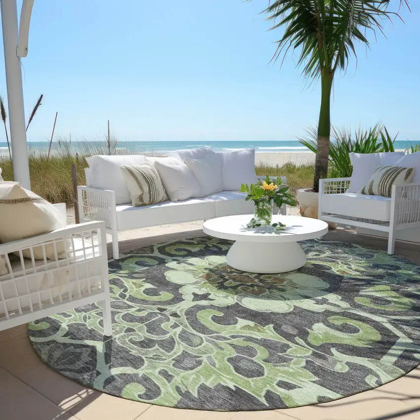 8' Artichoke Green And Charcoal Round Damask Washable Indoor Outdoor Area Rug Photo 5