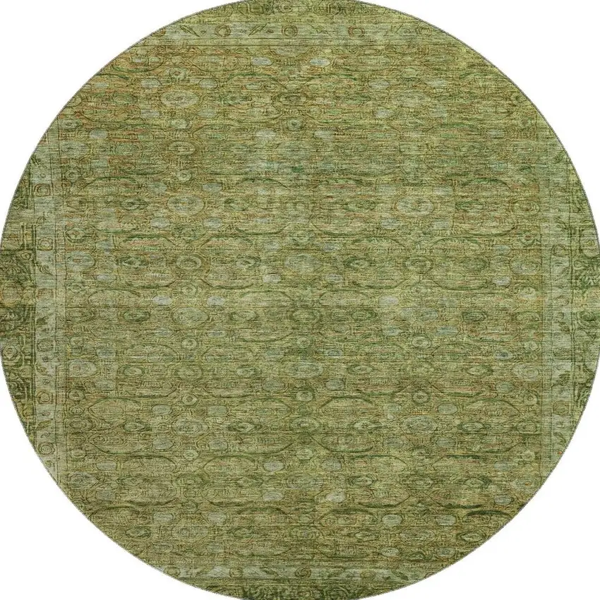 8' Artichoke Green And Copper Oriental Washable Round Rug With UV Protection Photo 3