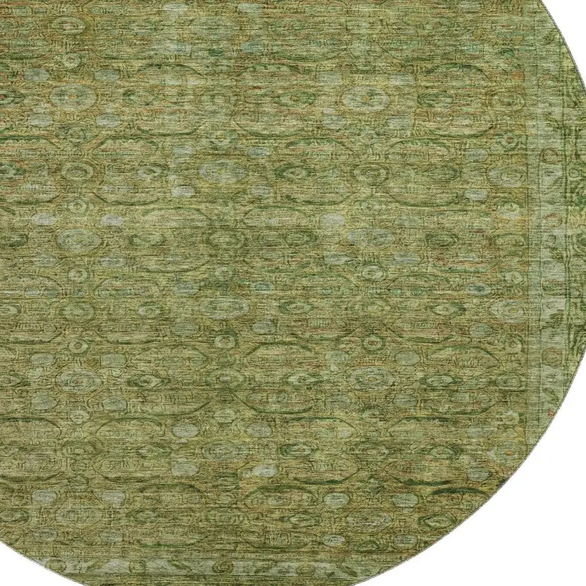 8' Artichoke Green And Copper Oriental Washable Round Rug With UV Protection Photo 2