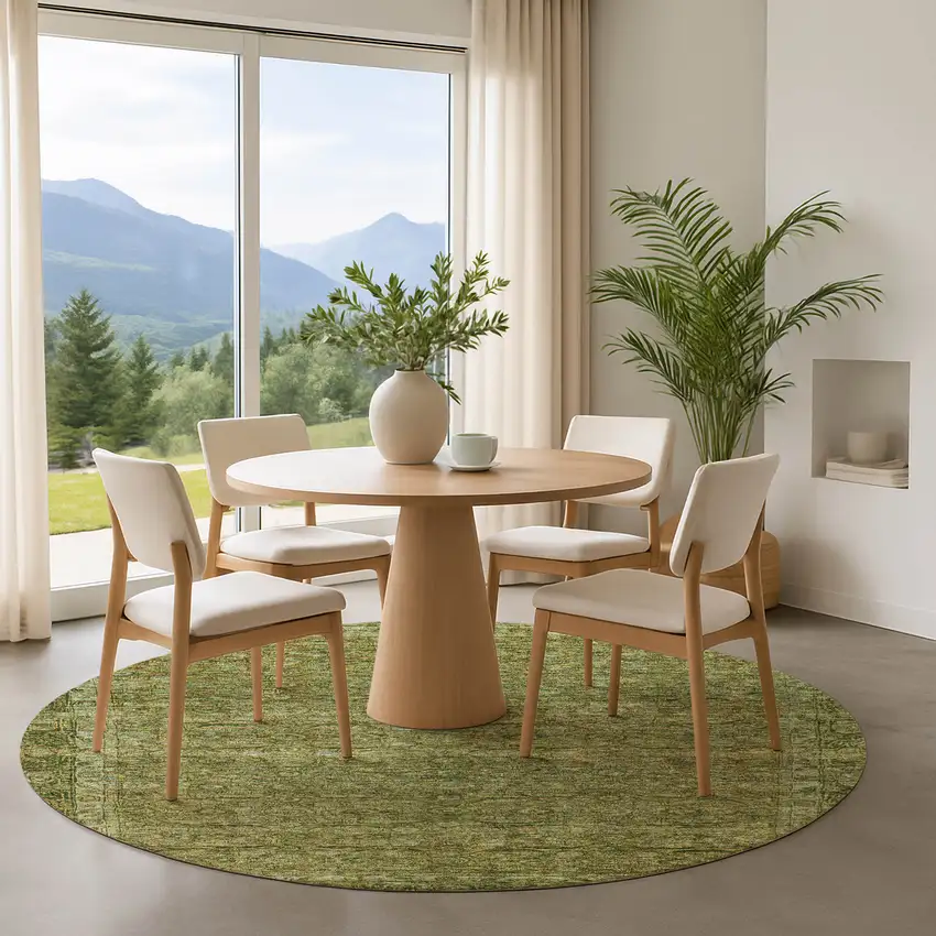 8' Artichoke Green And Copper Oriental Washable Round Rug With UV Protection Photo 4