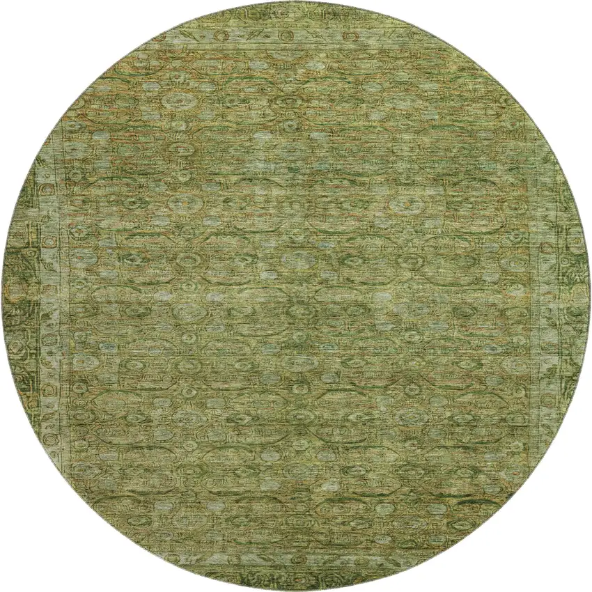 8' Artichoke Green And Copper Oriental Washable Round Rug With UV Protection Photo 1