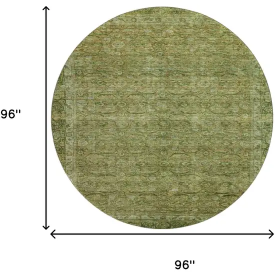 8' Artichoke Green And Copper Oriental Washable Round Rug With UV Protection Photo 9