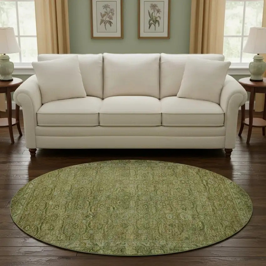 8' Artichoke Green And Copper Oriental Washable Round Rug With UV Protection Photo 2