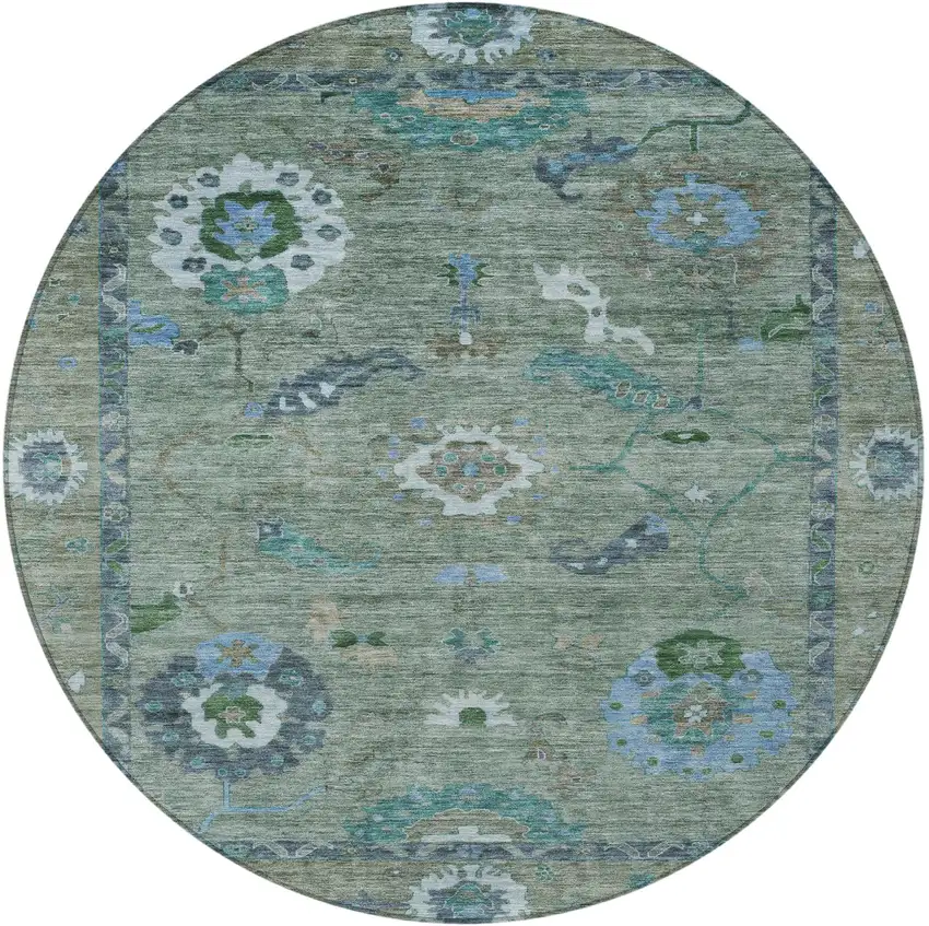 8' Artichoke Green And Denim Blue Round Floral Medallion Washable Indoor Outdoor Area Rug Photo 5