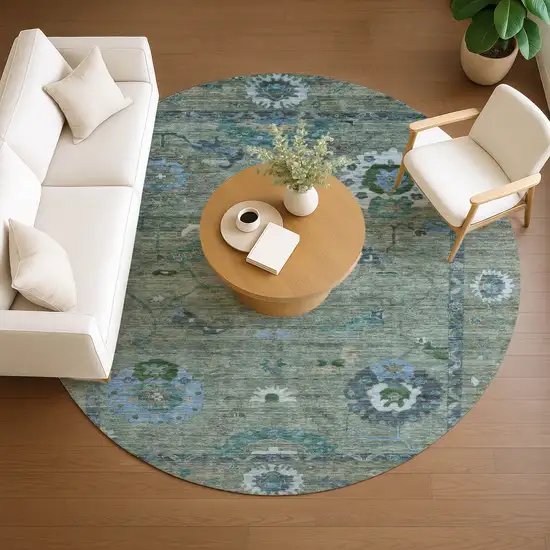 8' Artichoke Green And Denim Blue Round Floral Medallion Washable Indoor Outdoor Area Rug Photo 9