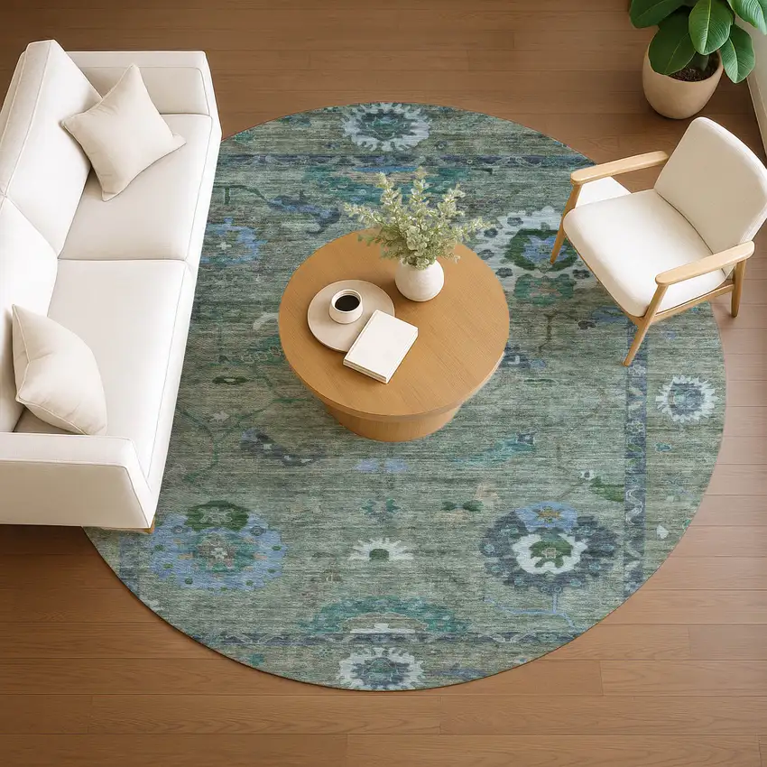 8' Artichoke Green And Denim Blue Round Floral Medallion Washable Indoor Outdoor Area Rug Photo 9