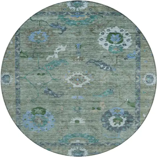 8' Artichoke Green And Denim Blue Round Floral Medallion Washable Indoor Outdoor Area Rug Photo 2