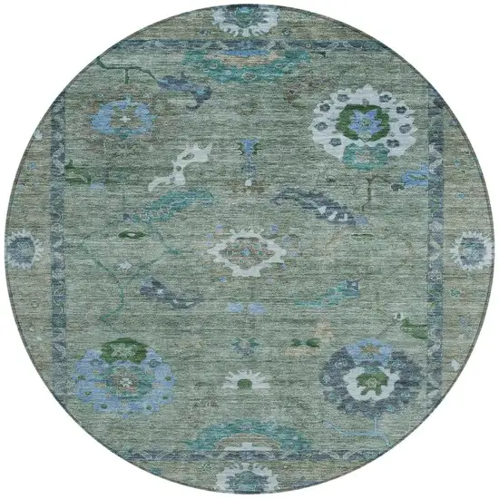 8' Artichoke Green And Denim Blue Round Floral Medallion Washable Indoor Outdoor Area Rug Photo 4