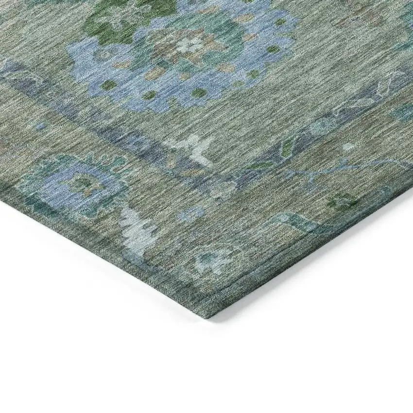 8' Artichoke Green And Denim Blue Round Floral Medallion Washable Indoor Outdoor Area Rug Photo 6