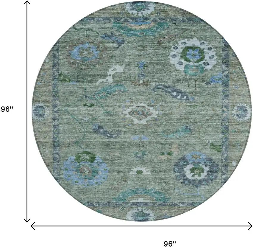 8' Artichoke Green And Denim Blue Round Floral Medallion Washable Indoor Outdoor Area Rug Photo 3