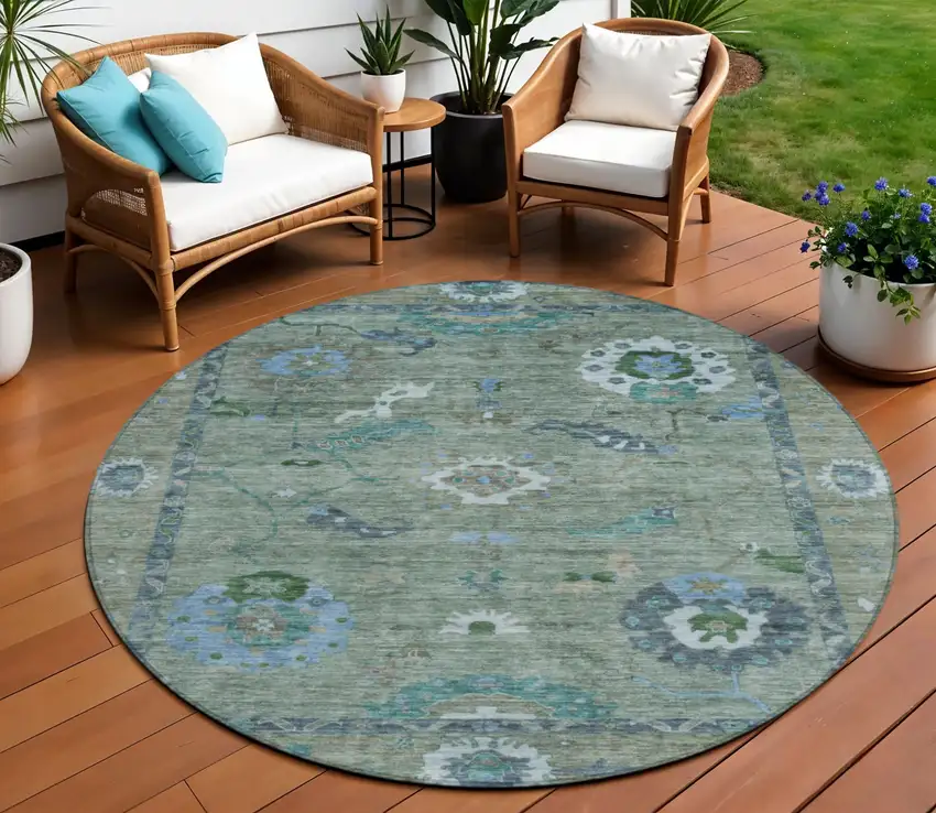 8' Artichoke Green And Denim Blue Round Floral Medallion Washable Indoor Outdoor Area Rug Photo 1