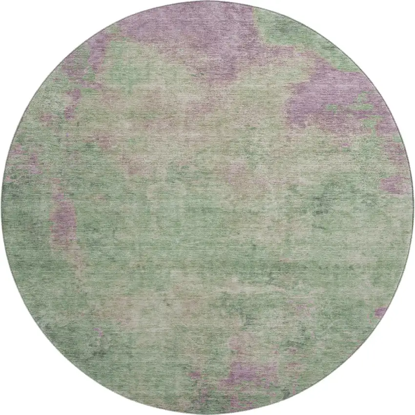 8' Artichoke Green And Eggplant Abstract Washable Round Rug With UV Protection Photo 1