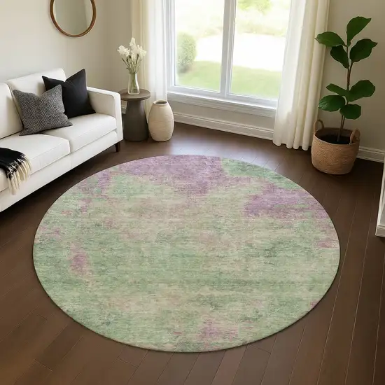 8' Artichoke Green And Eggplant Abstract Washable Round Rug With UV Protection Photo 4