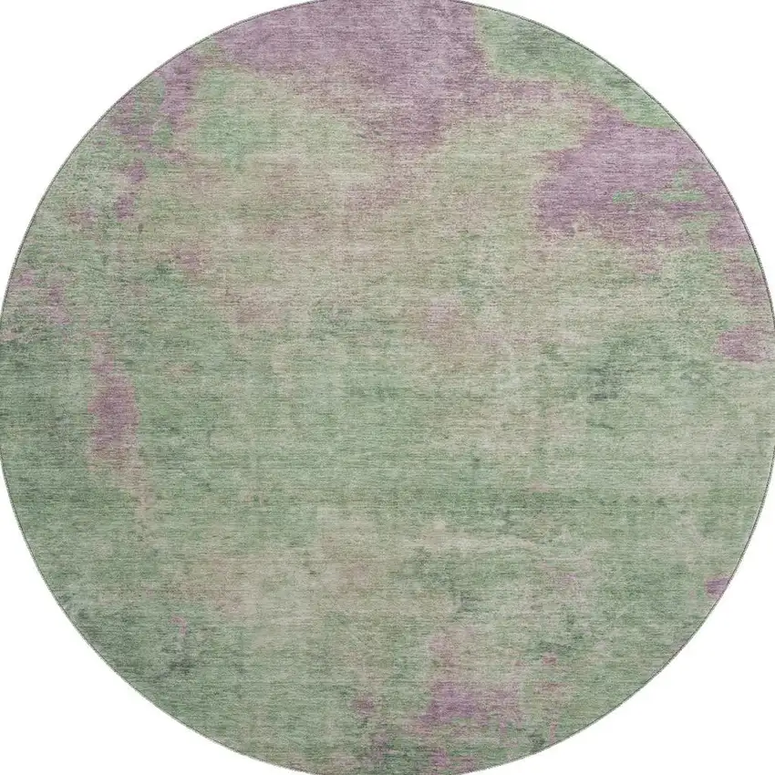 8' Artichoke Green And Eggplant Abstract Washable Round Rug With UV Protection Photo 3