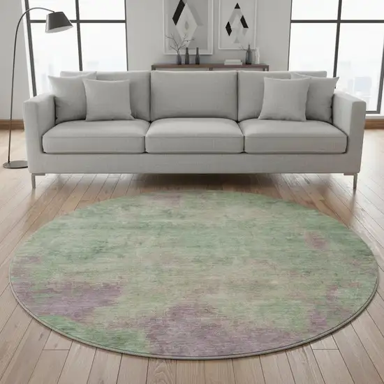 8' Artichoke Green And Eggplant Abstract Washable Round Rug With UV Protection Photo 2