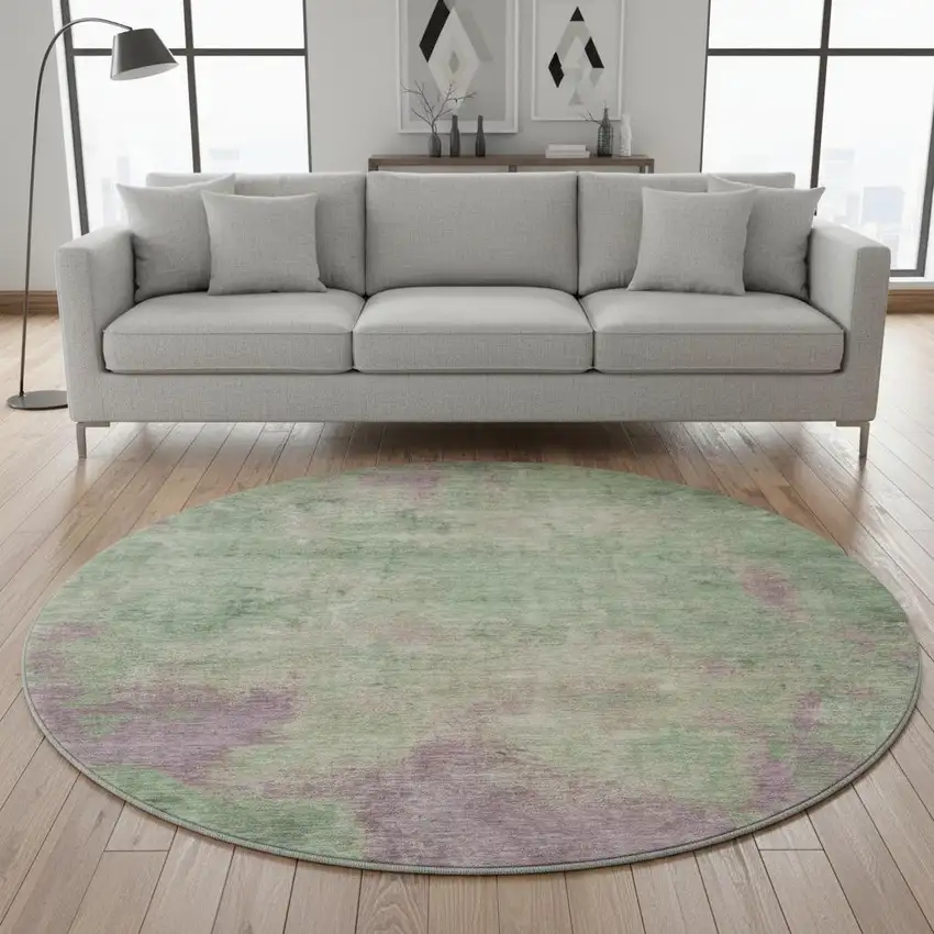 8' Artichoke Green And Eggplant Abstract Washable Round Rug With UV Protection Photo 2