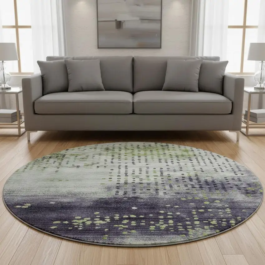8' Artichoke Green And Eggplant Geometric Washable Round Rug With UV Protection Photo 2