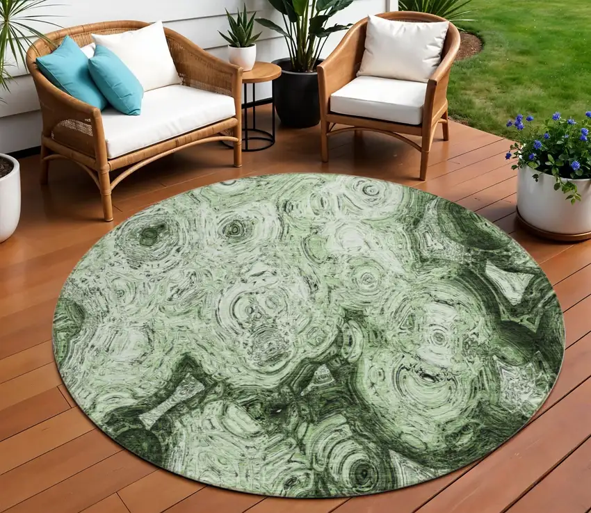 8' Artichoke Green And Emerald Round Abstract Washable Indoor Outdoor Area Rug Photo 1