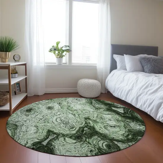 8' Artichoke Green And Emerald Round Abstract Washable Indoor Outdoor Area Rug Photo 6